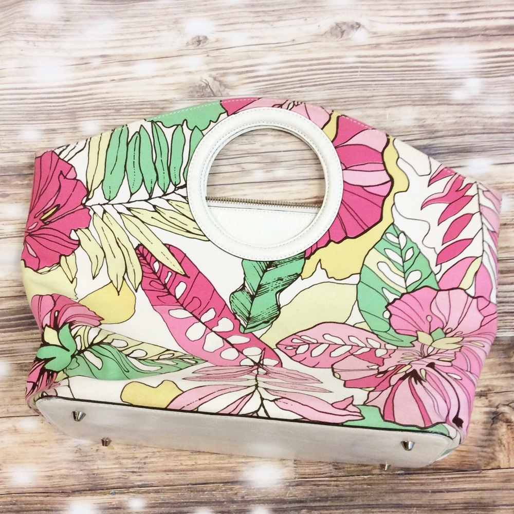 Maxximum White Floral Palms Circle Handle Handbag